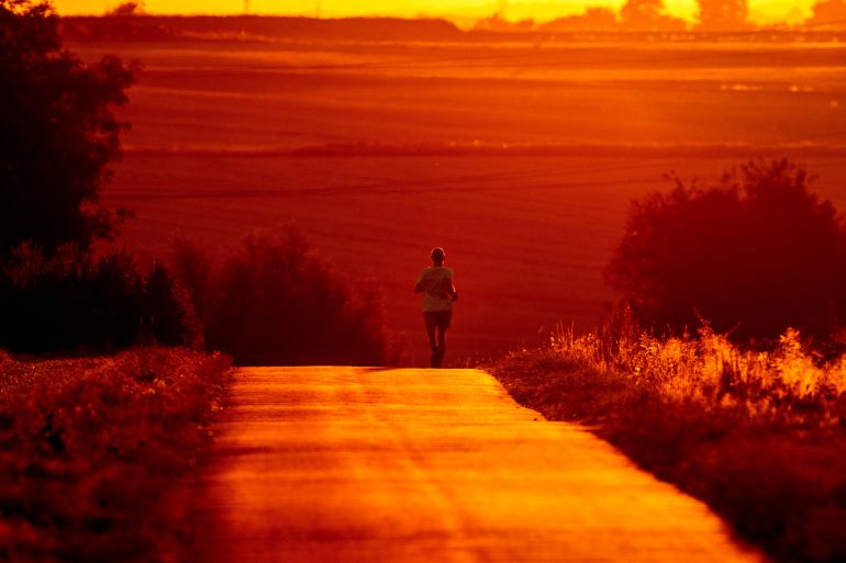 A man uses cool morning hours for a run on a small road in the outskirts of Frankfurt, Germany, Monday, July 18, 2022. (AP Photo/Michael Probst)